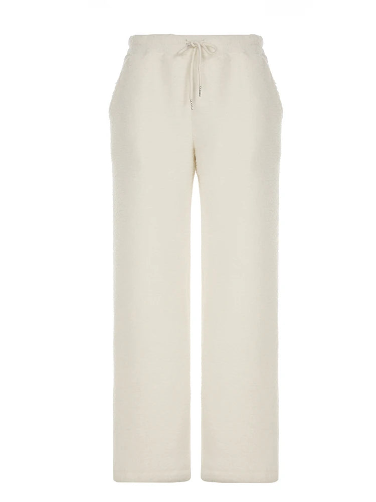 Loose Lamb Wool Trousers Drawstring Wide Leg Pants Pockets Bottoms