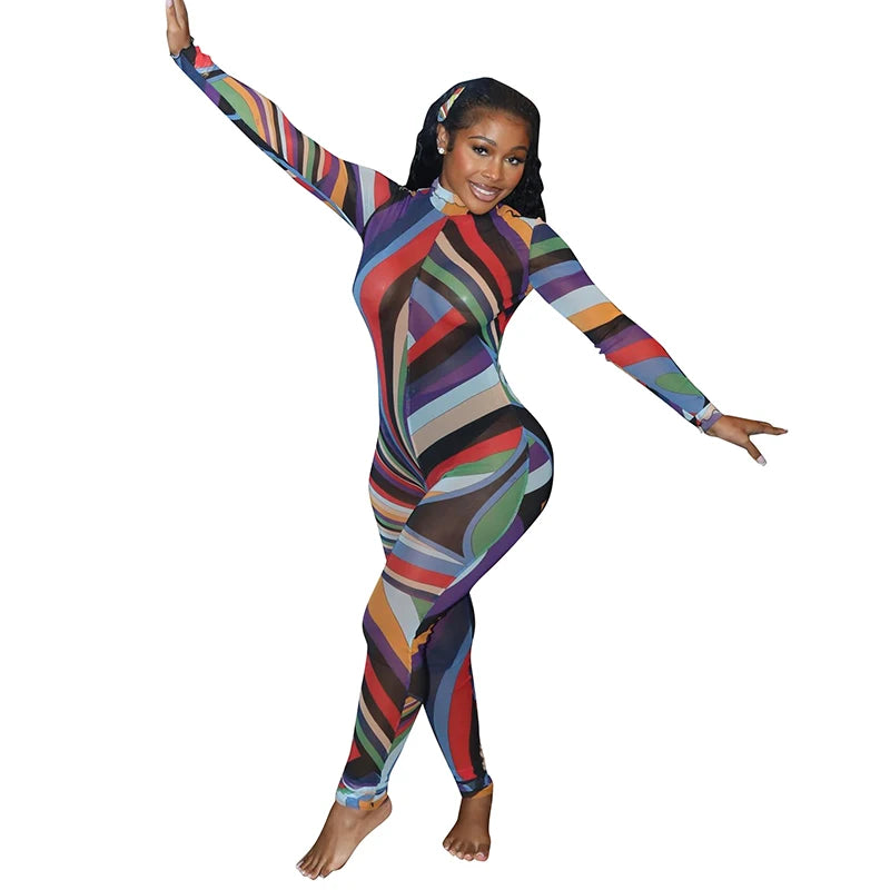 Rainbow ful Jumpuit Back Zipper Deign Half- Collar Jumpuit