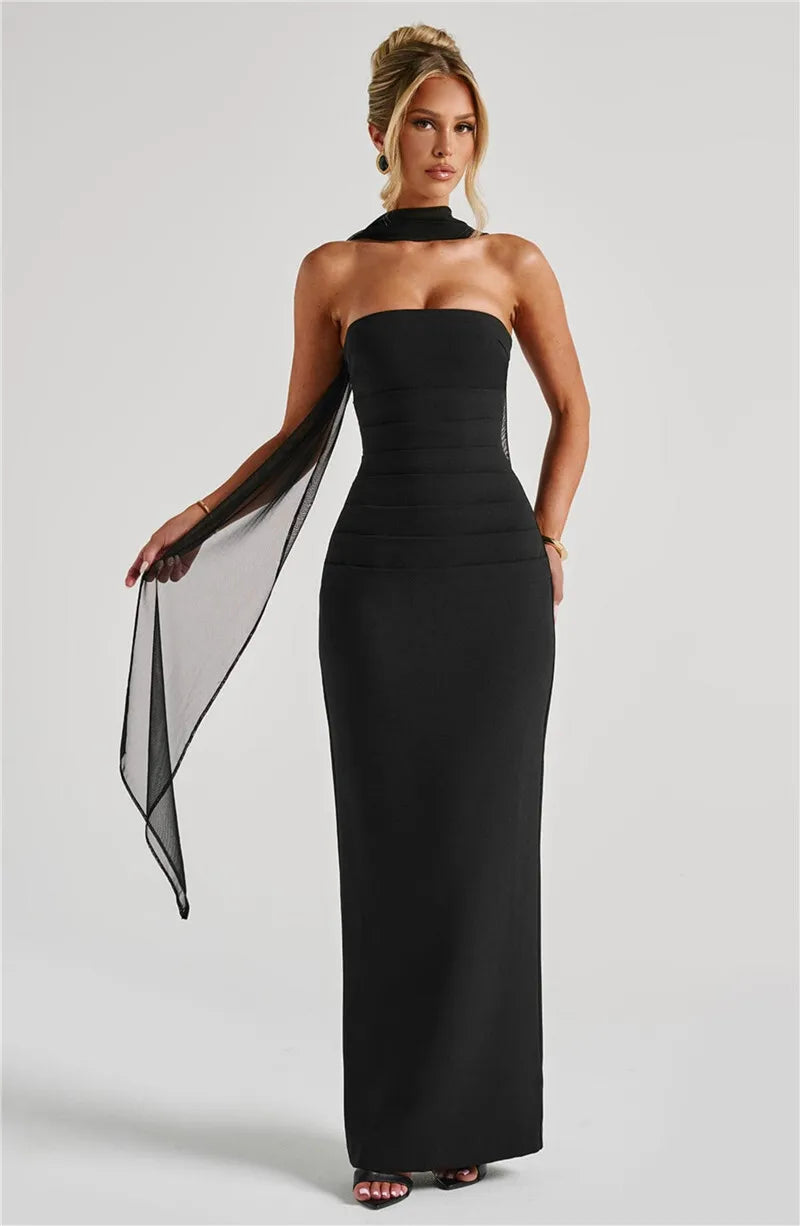 Scarf Collar Backless Bodycon Maxi Dress