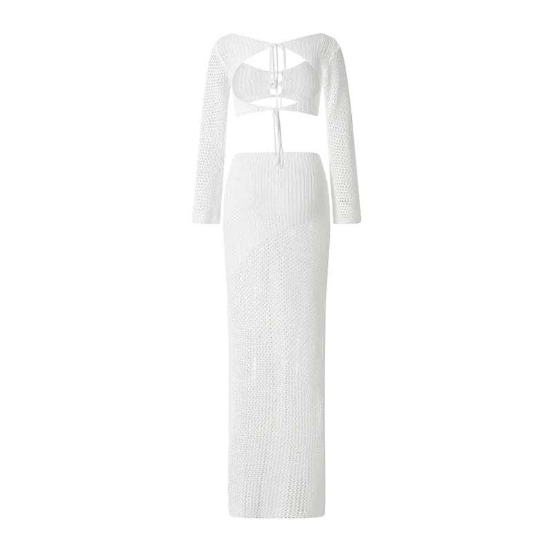 Crochet Knit 2 Piece Skirt Set Hollow Out Crop Top Long Sleeve Backless Tie Up Bodycon Dress