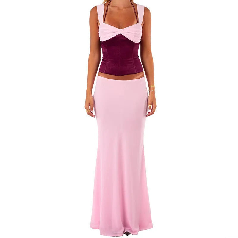 Patchwork Spaghetti Strap Two Piece Sets Skirt Suit Backless Top Long Skirt Slim Street