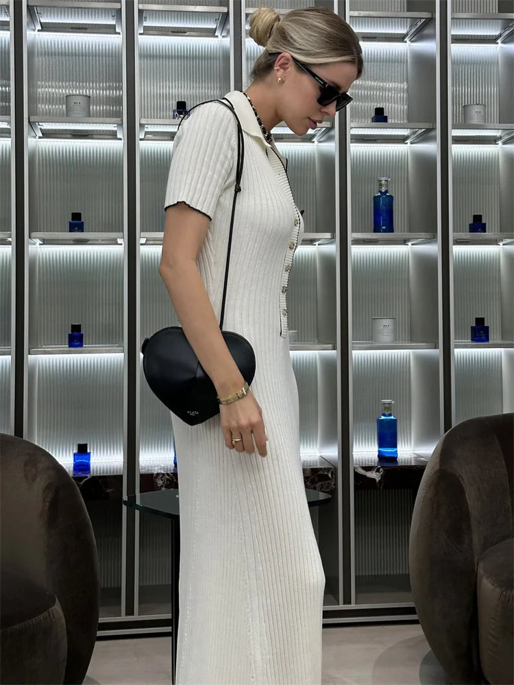 White Knit Maxi Dress Short Sleeve Patchwork Dress Lapel High Waist Knit Dress
