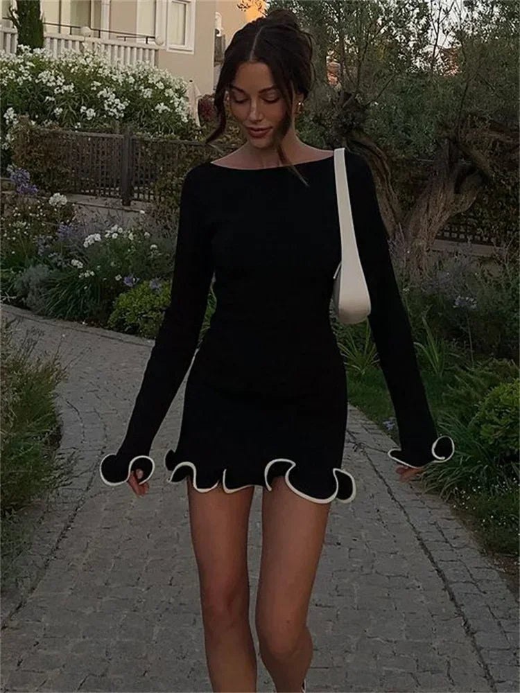 Knit Mini Dress Ruffled High Waist Slim Dress Patchwork Knit Sweater Dress