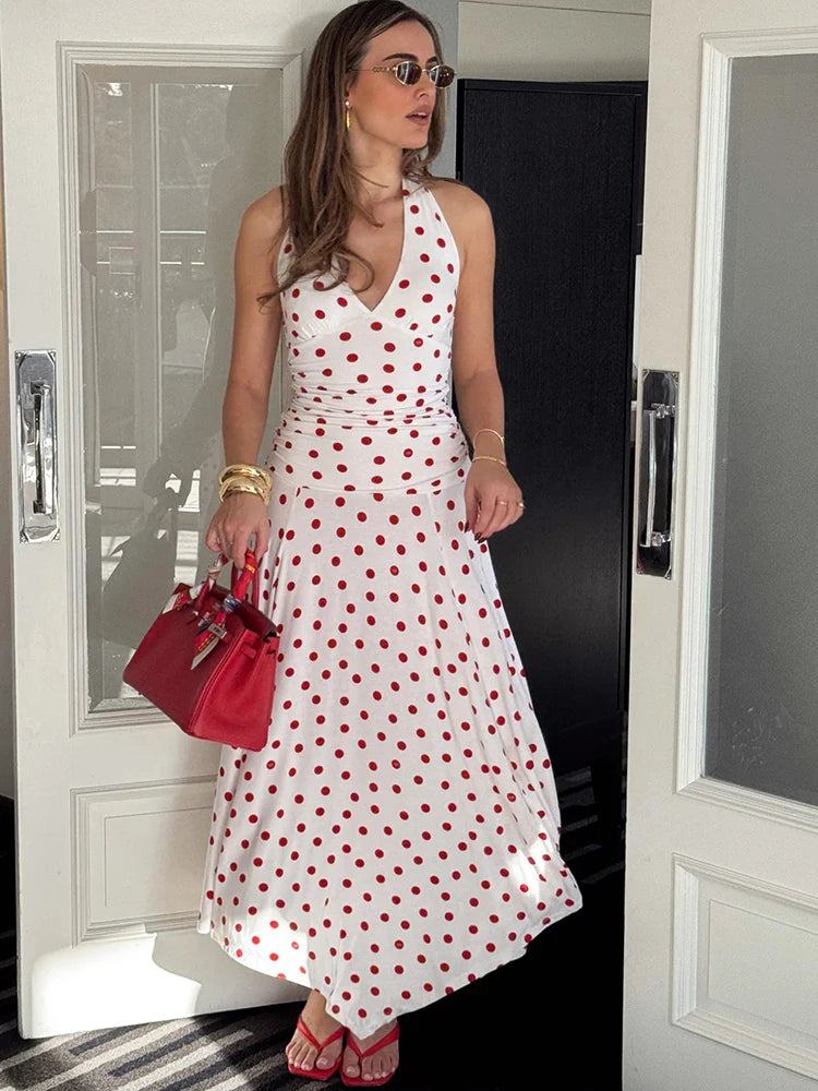 Backless Polka Dot High Waist Midi Dress
