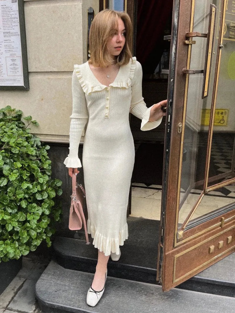 Ruffled Patchwork Knit Maxi Dress Ribbed Long Sleeve Dress Gown Slim Knit Long Dress