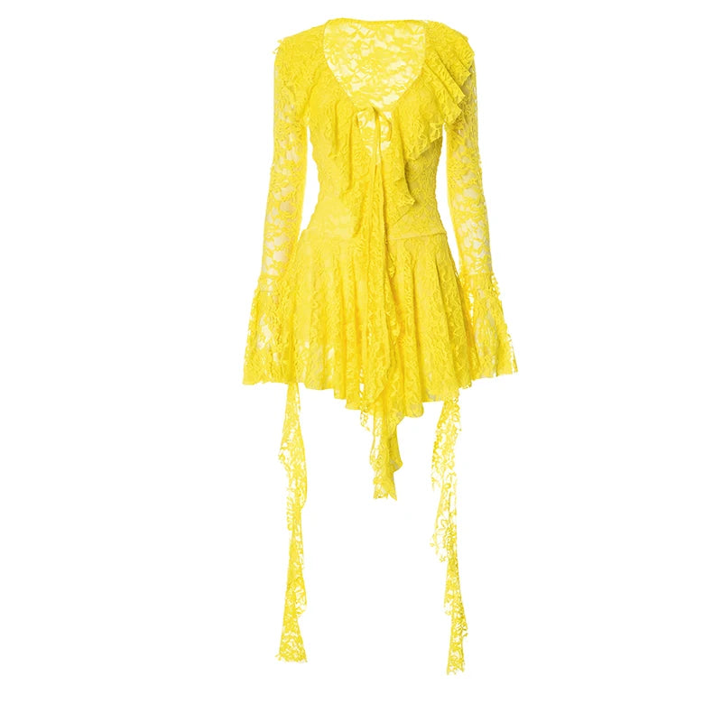 Spring 'S Dress Patchwork Lace Ribbon Ruffle Tie Rope Hollow Out Flare Long-Sleeved Mini Dress