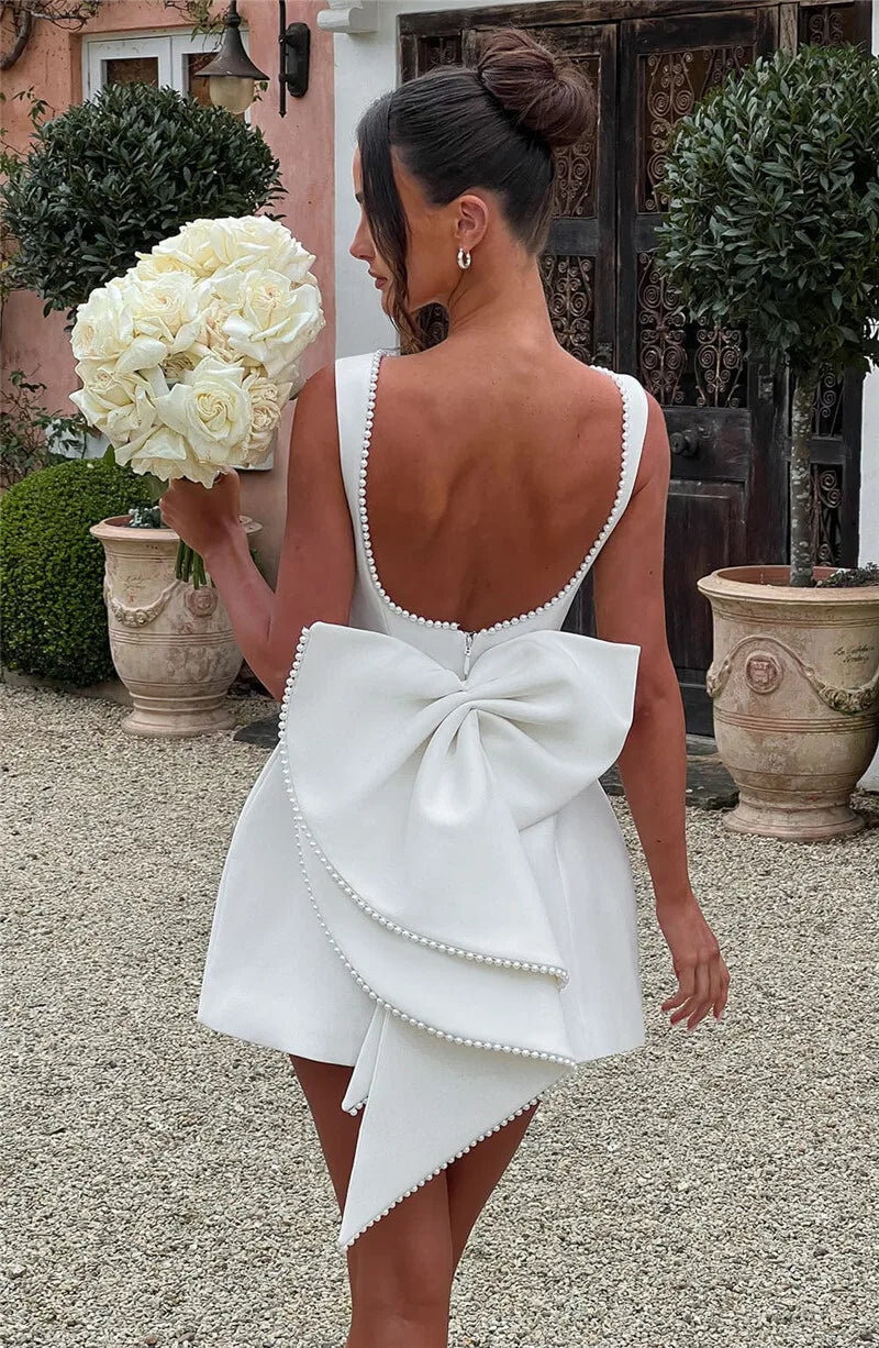 Pearl Bow Backless Mini Dress Zipper Sleeveless High Waist A-line Dress
