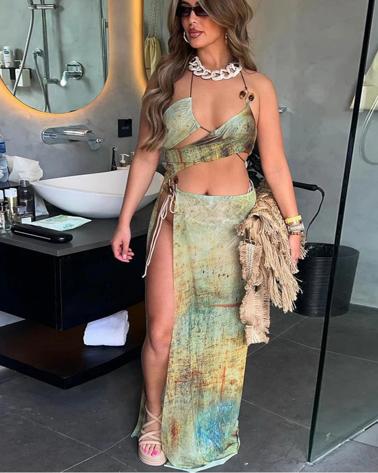 Green Halter Split Two Piece Set