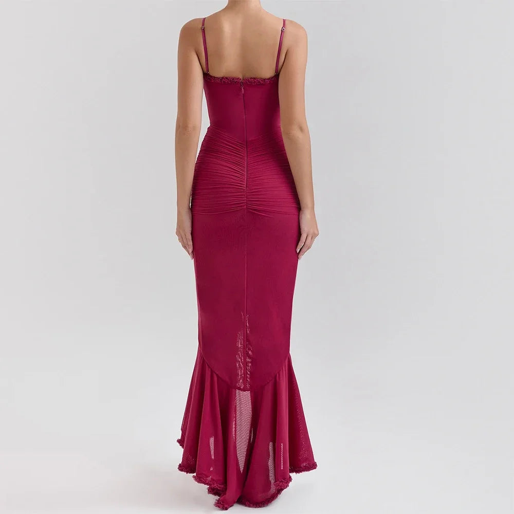 Irregular Mesh Dress Spaghetti Strap Bodycon Dress Ruched Long Dress