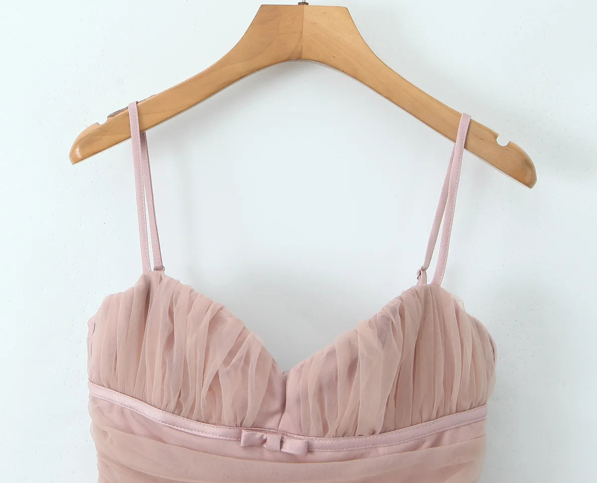 Spaghetti Strap Dresses Pink Puffy Cake Dress Mini Mesh Backless Dress