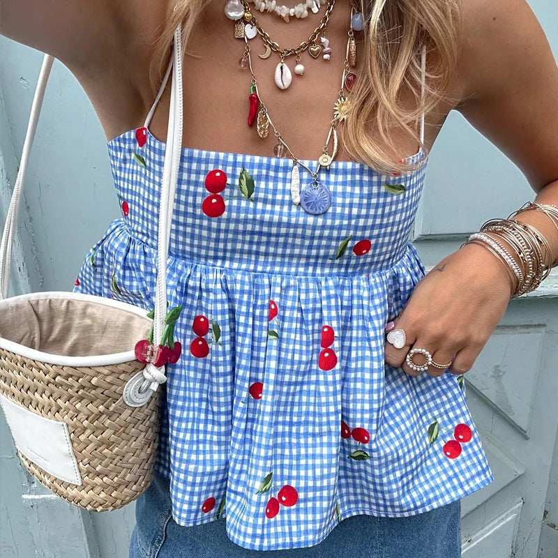 Fairycore Backless Tie Up Crop Tops Cherry Plaid Peplum Camisole Sweet Cute Milkmaid Tank Vest