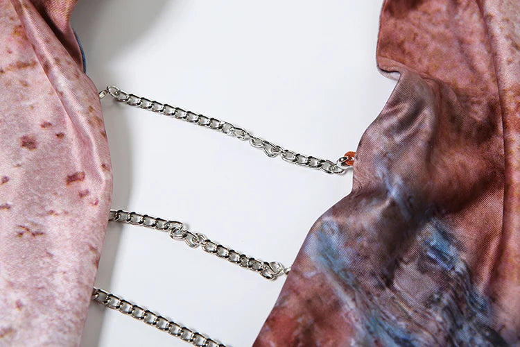 Tie-Dye Dress Halter Metal Chains Patchwork Backless Long Bodycon