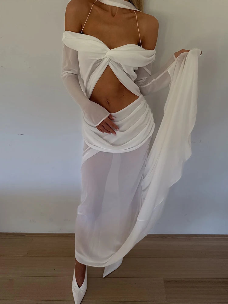 Meh Stack Dress Unique Hollow Off Shoulder Pleat Full Sleeve Flare Maxi Bodycon Vacation