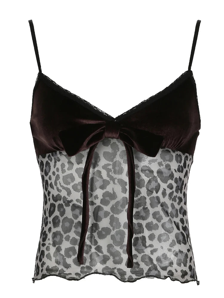 Lace Patchwork Leopard print T-shirts Lace-up Long Sleeves Strap Retro Top