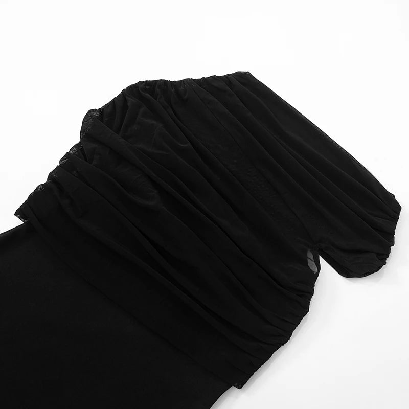 'S Spring And Color Sleeveless Slant Collar Single Shoulder Mesh Patchwork See-Through Dress