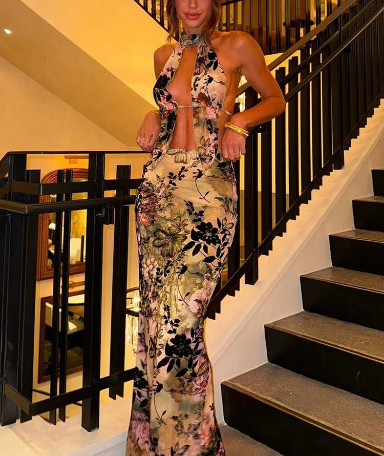 Print Two Piece Set High Street Halter Crop Tanks Matchig Skirt Suits