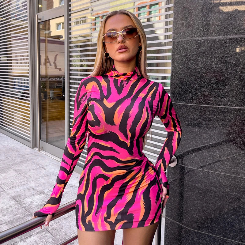 Zebra Slim Fit Long Sleeve Mini Dress With Finger Gloove Half Collar Pullover Wrap Skinny Dress
