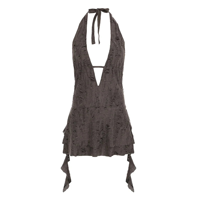 Fairycore Retro Mini Dress Backless Halter Neck Outitfs Irregular
