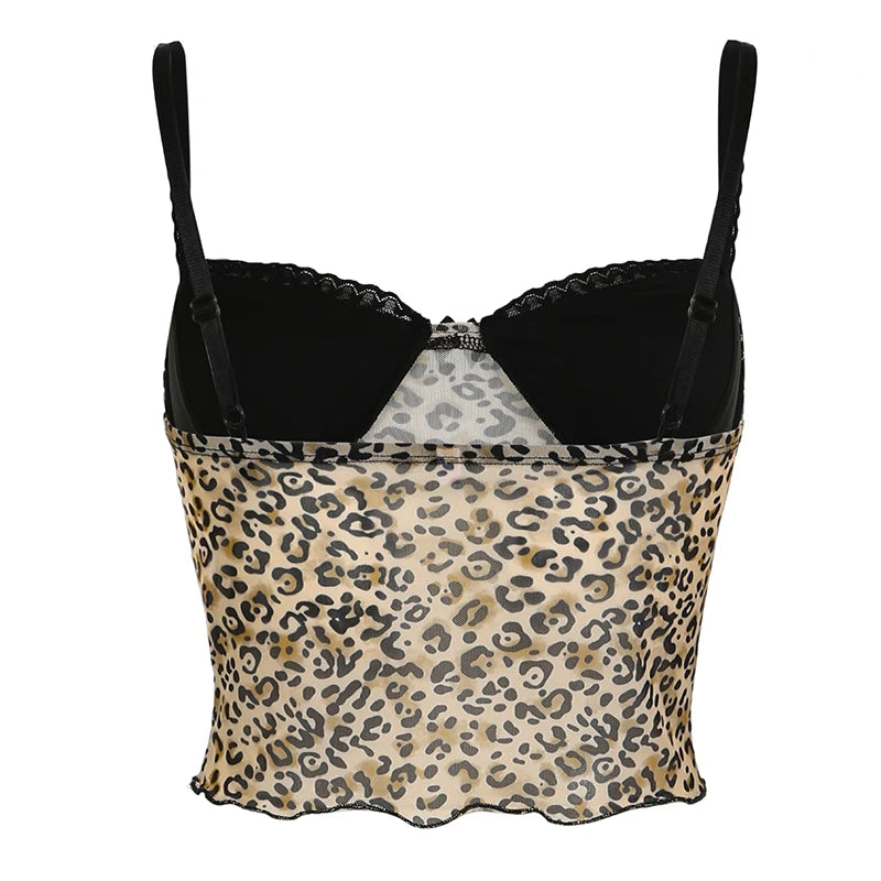 Leopard Print Slim Camisole V-Neck Backless Crop Top Sleeveless Patchwork Bow Vests