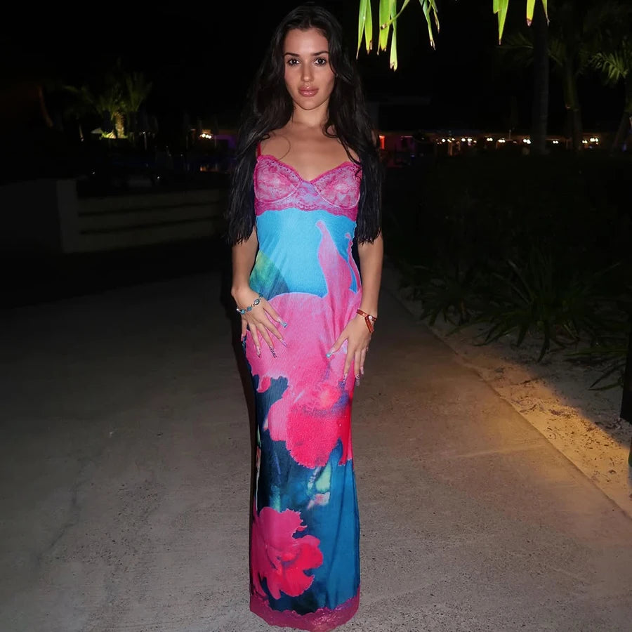Lace Chest Wrap Maxi Dress Colorful Flowers Sleeveless Skinny Fit Slim