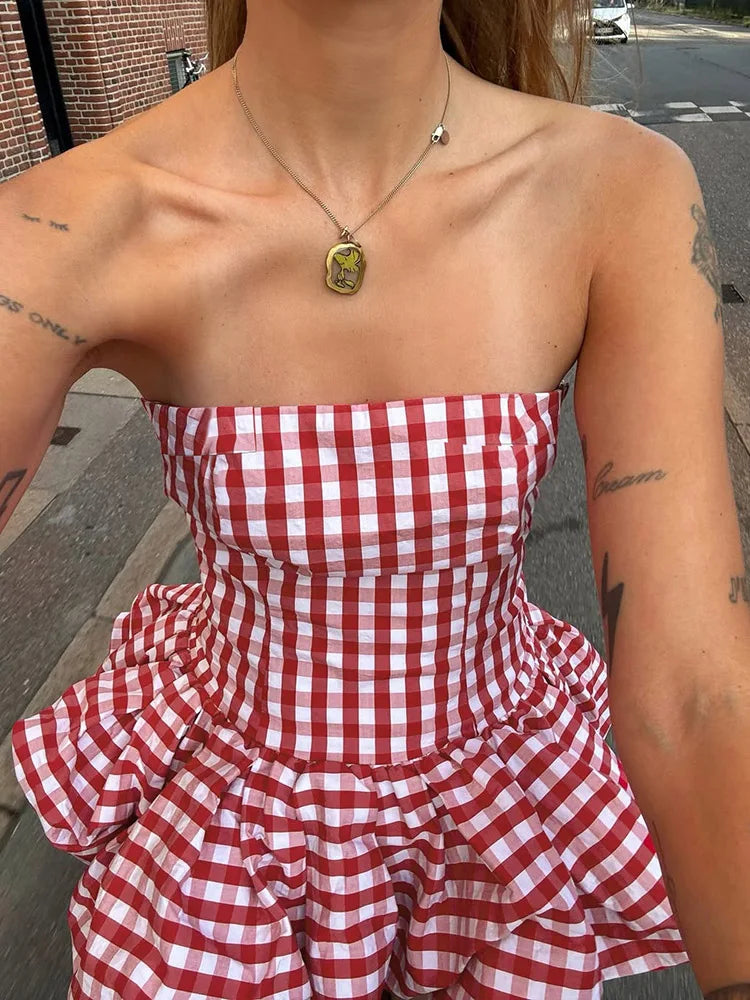 Plaid Corset Top Pleated Fluffy Hem Sleeveless Basic Street Backless Top