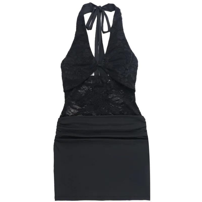 Lace Sheer Mini Dress Halter Bandage Backless V-neck Embroidered Patchwork Bodycon Robe