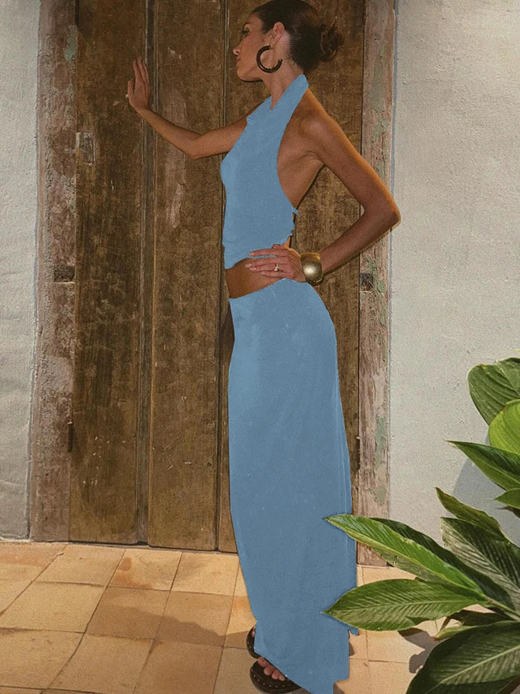 Hollow Two Piece Set Halter Swing Collar Backless Crop Top Long Skirt Matching