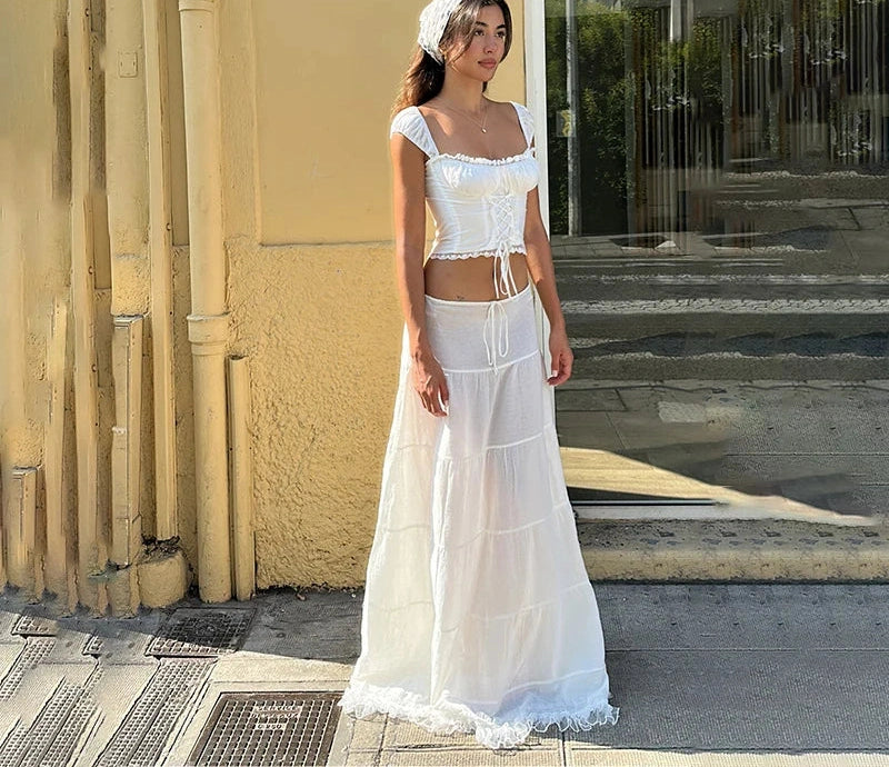 Lace Patchwork Tank Top With Low-waist Draw-string Long Skirt French Two Piece Sets