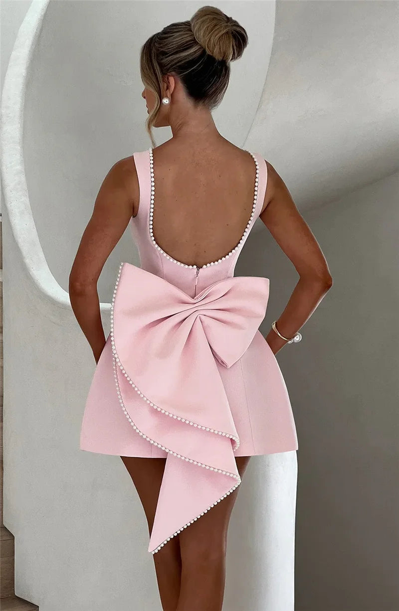 Pearl Bow Backless Mini Dress Zipper Sleeveless High Waist A-line Dress