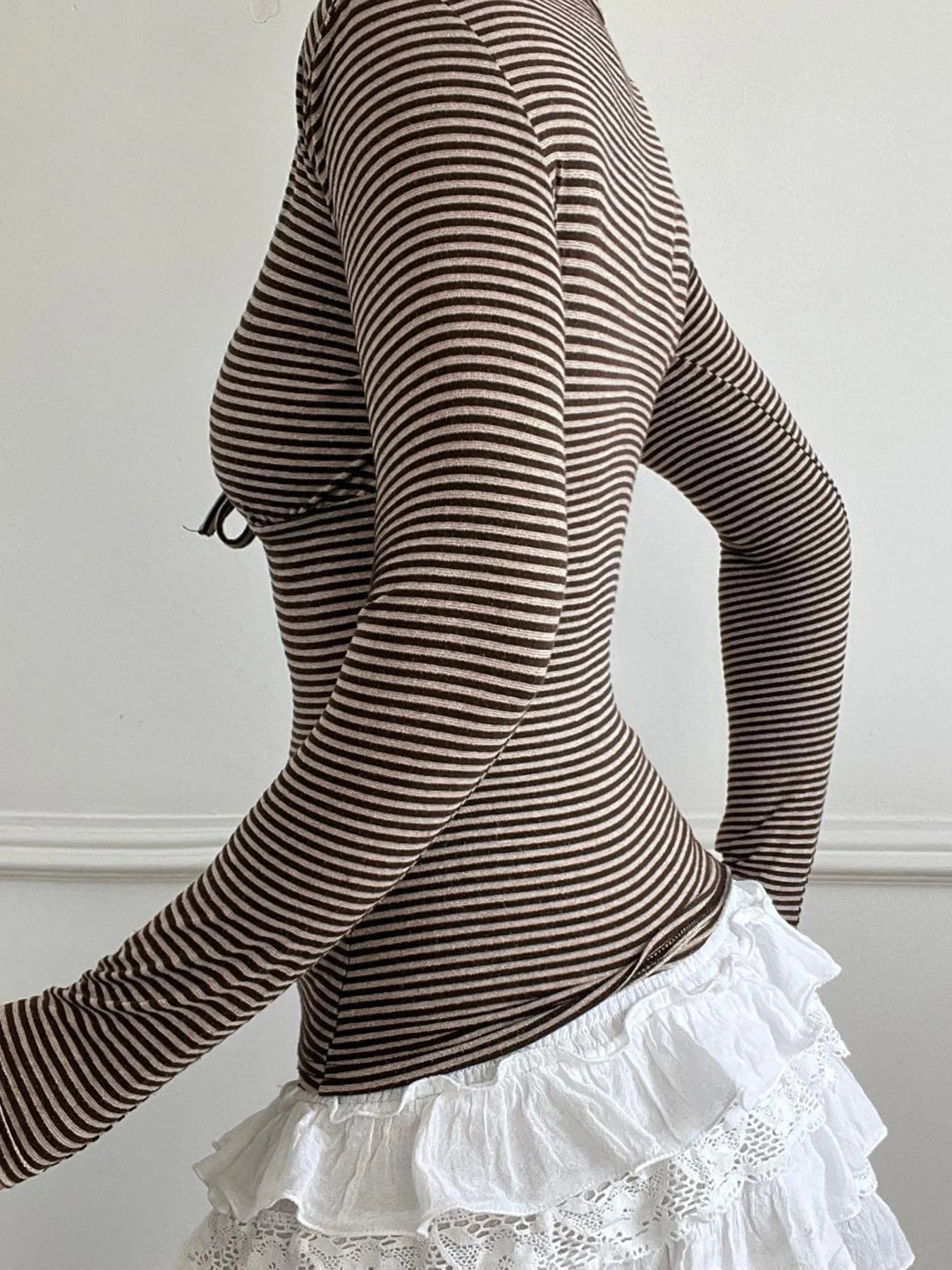 V-neck Strip Tee Shirt Long Sleeve Slim Lace-up Top