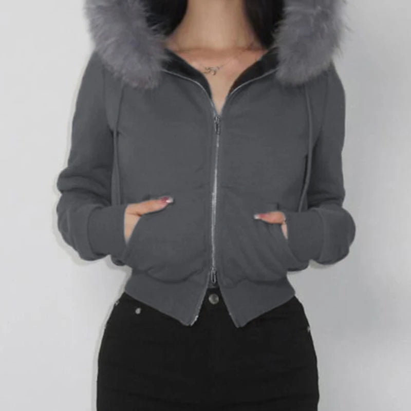 Zip Up Crop Hoodie Coats Camouflage 's Jackets Pockets Fur Neck