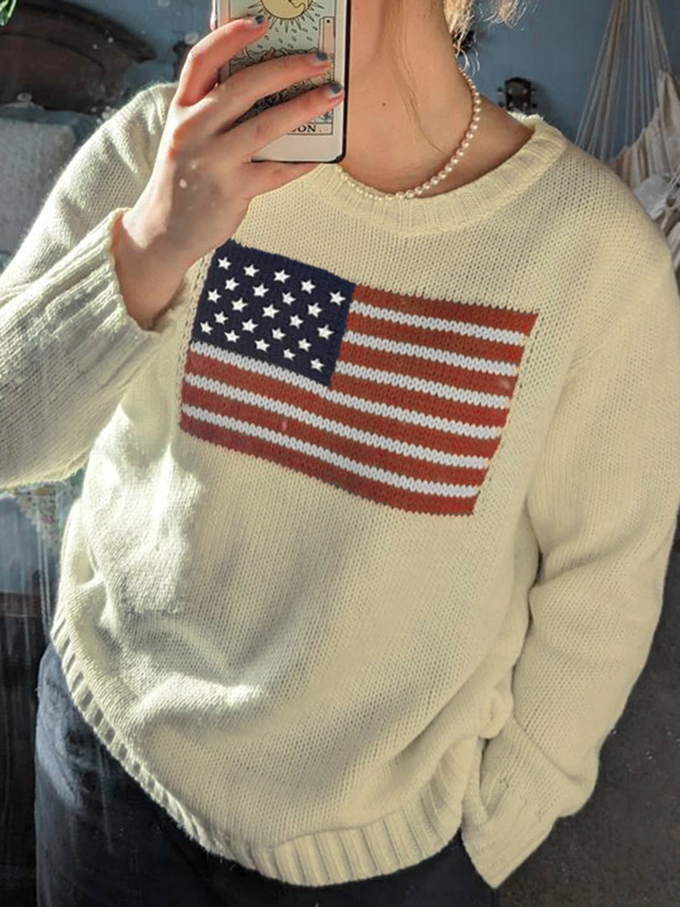 Graphic Knit Sweater Crewneck Pullover Looe