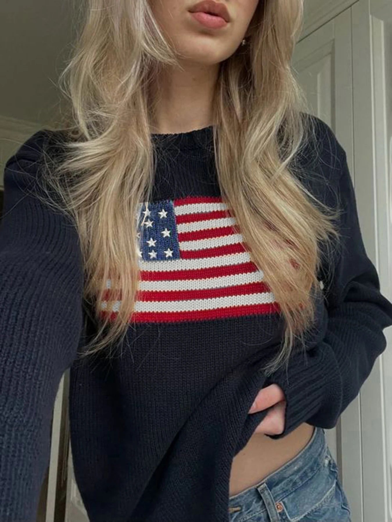 Graphic Knit Sweater Crewneck Pullover Looe