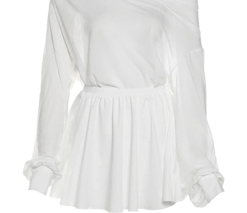 See Through Two Piece Set Basic Skew Collar Crop Top Pleated Skirt Matching