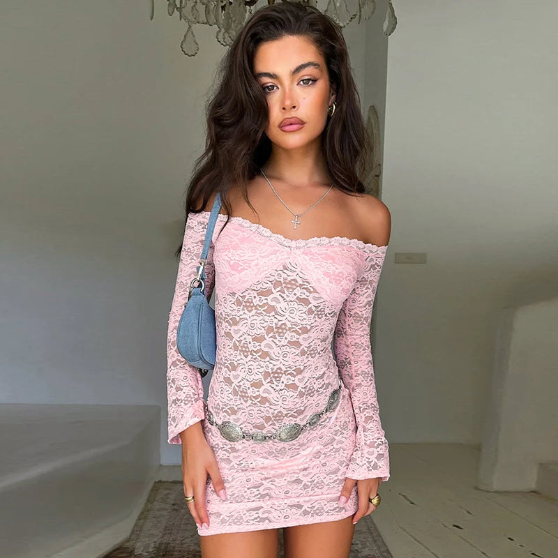Dress Straple Long Sleeve Mini Dress Lace See Through
