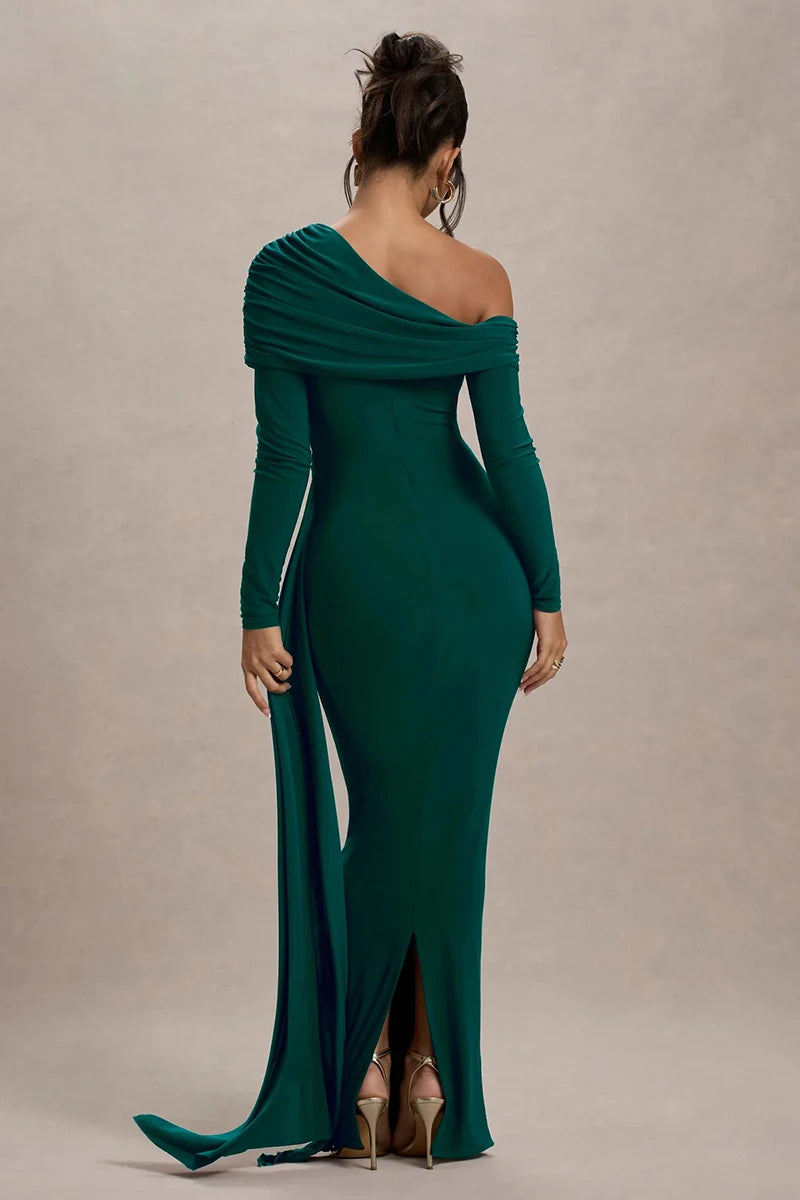 Skew Collar Long Sleeve Maxi Dress Gown Backless Draped Ruched Bodycon Long Dress