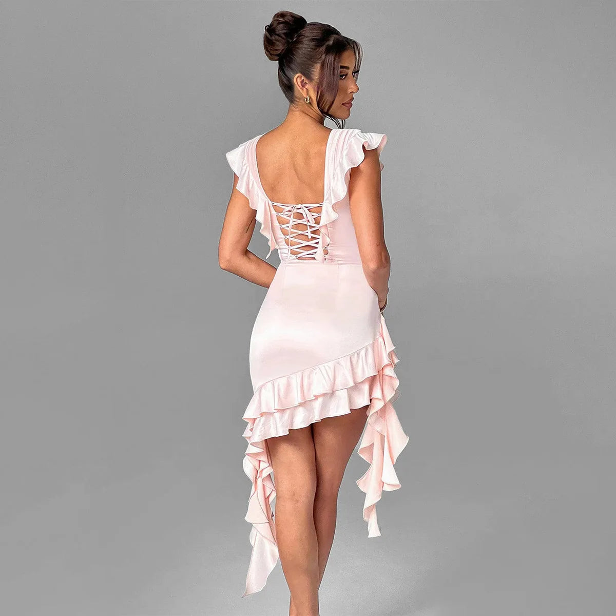 V-neck Irregular Fishbone Wrapped Hip Skirt Tight Fitting Pure Desire Design French Dress Satin High-end Feeling