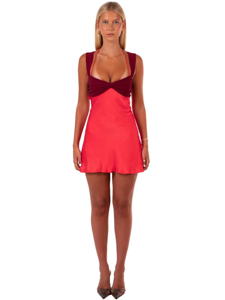 Patchwork Sleeveless Mini Dress Satin Strapless Backless Lace-up High Waist A-line Dress