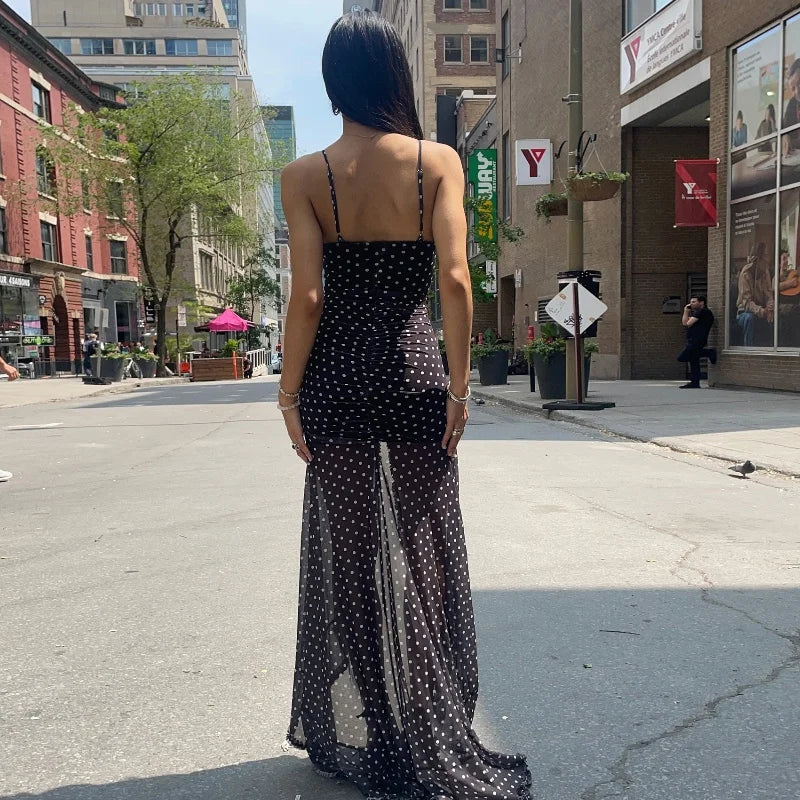 Black Backless V-Neck Polka Dot Maxi Dress