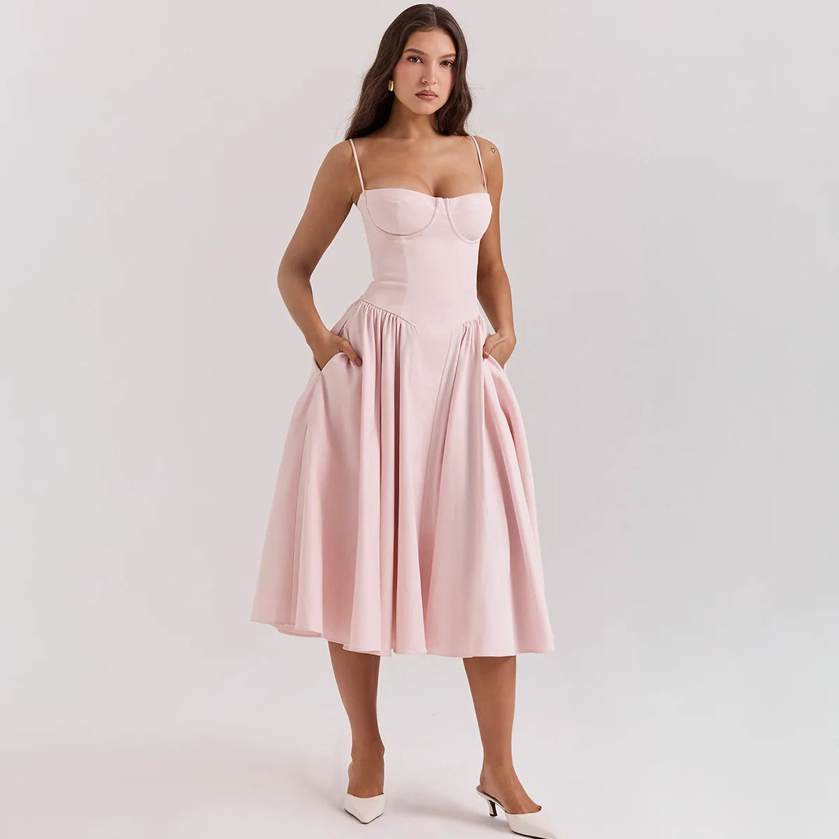 Dress for Pink Spaghetti Strap Midi Dress with Pocket Long Dress