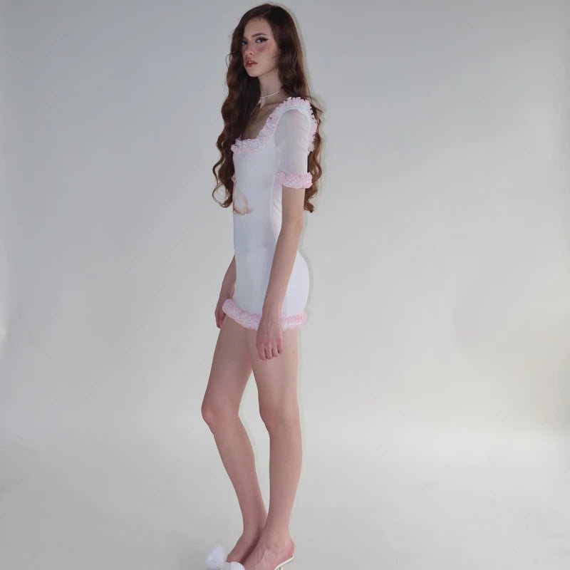 White Short Sleeve Ruffle Bodycon Mini Dress