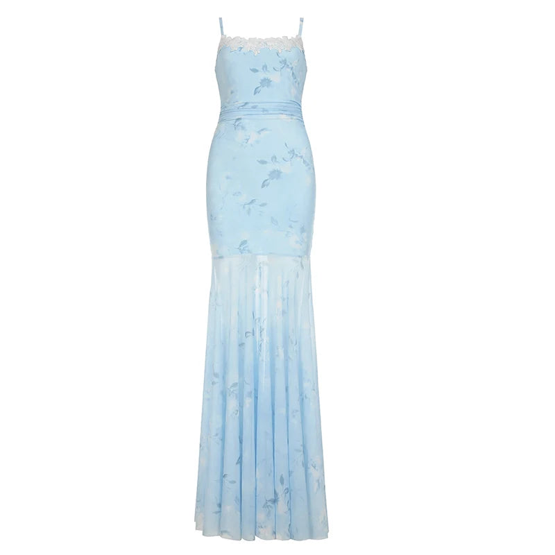 Lace Trim Mesh Dress Floral Slash Neck Sleeveless Maxi