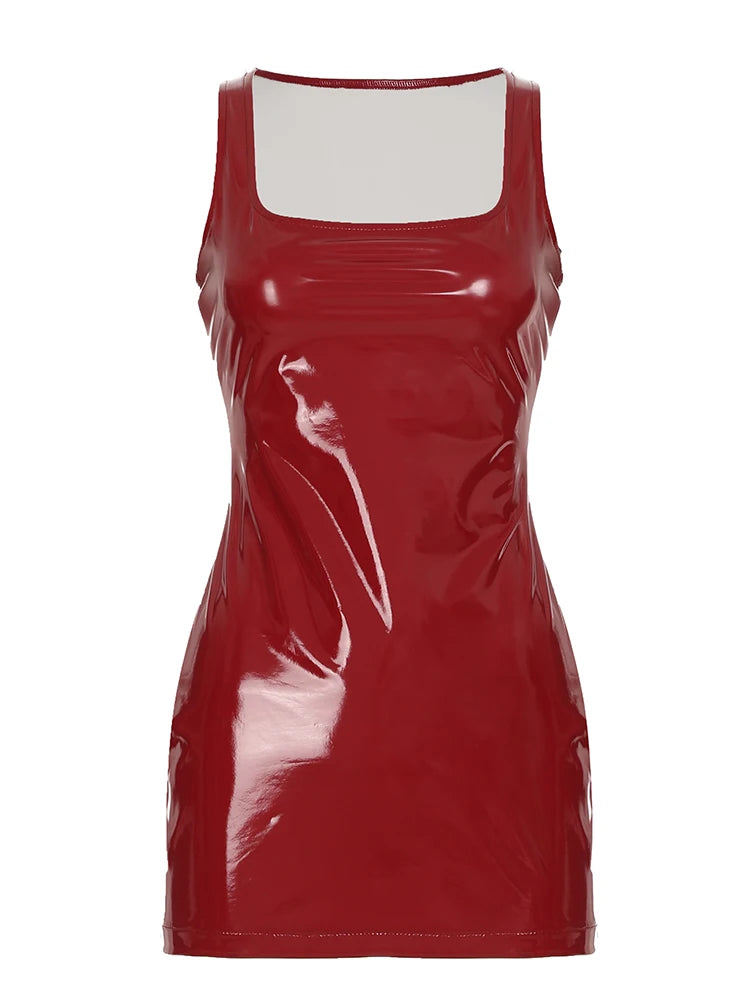 Red Shiny Leather Mini Dress Sleeveless ing Bodycon 's