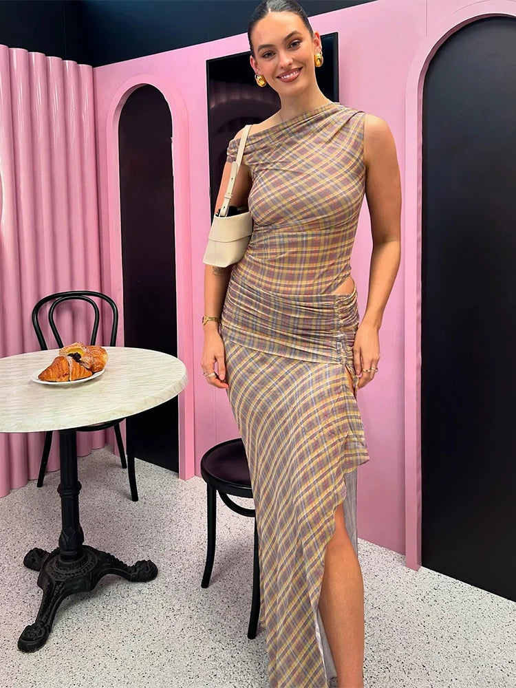 Claic Plaid Maxi Dress Incline Shoulder Split Shirring Long Trend