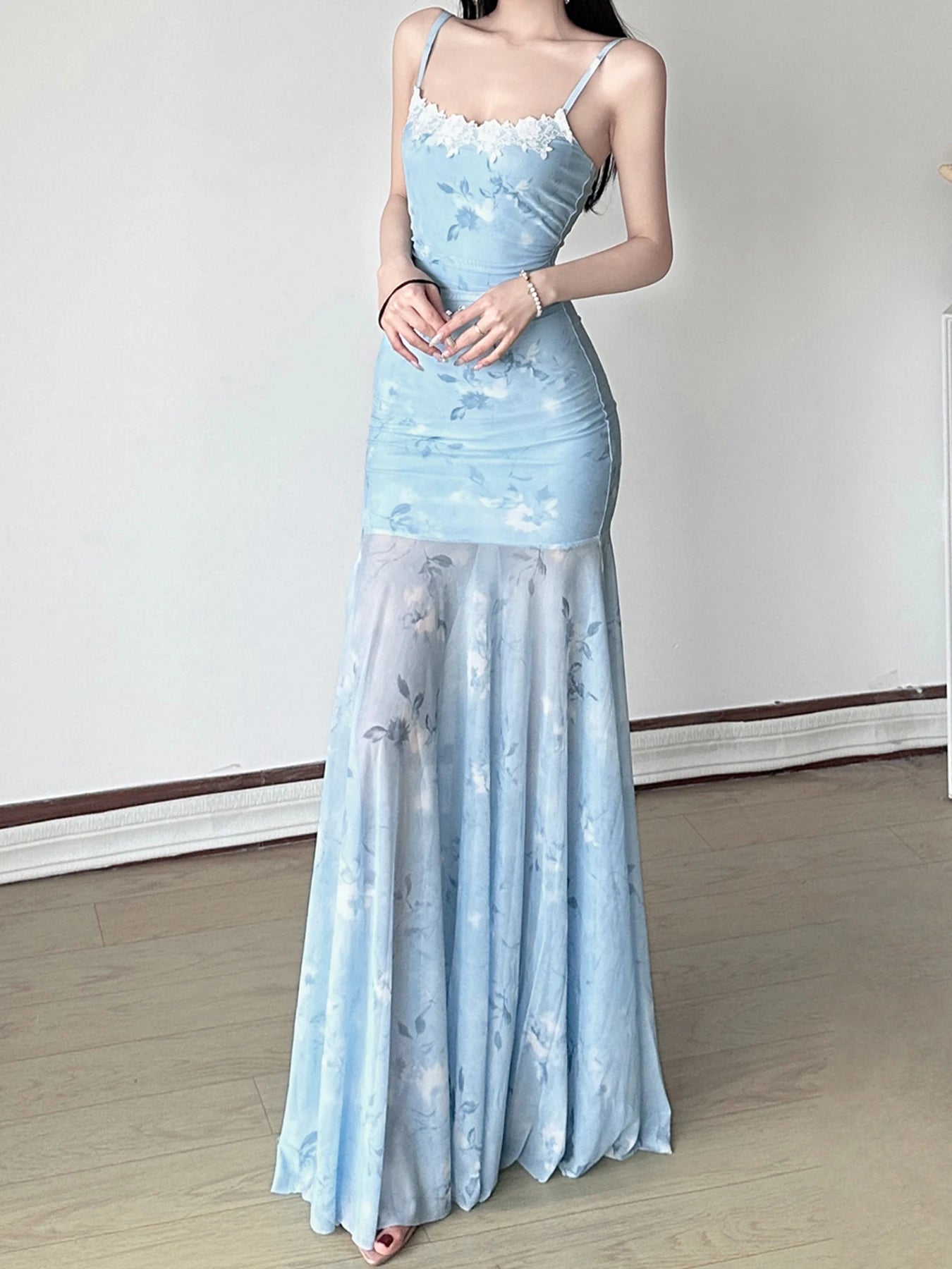 Lace Trim Mesh Dress Floral Slash Neck Sleeveless Maxi