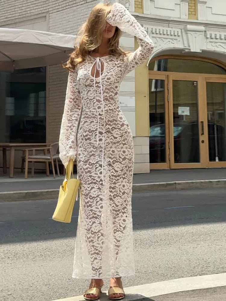White Sheer Lace Long Sleeves Maxi Dress