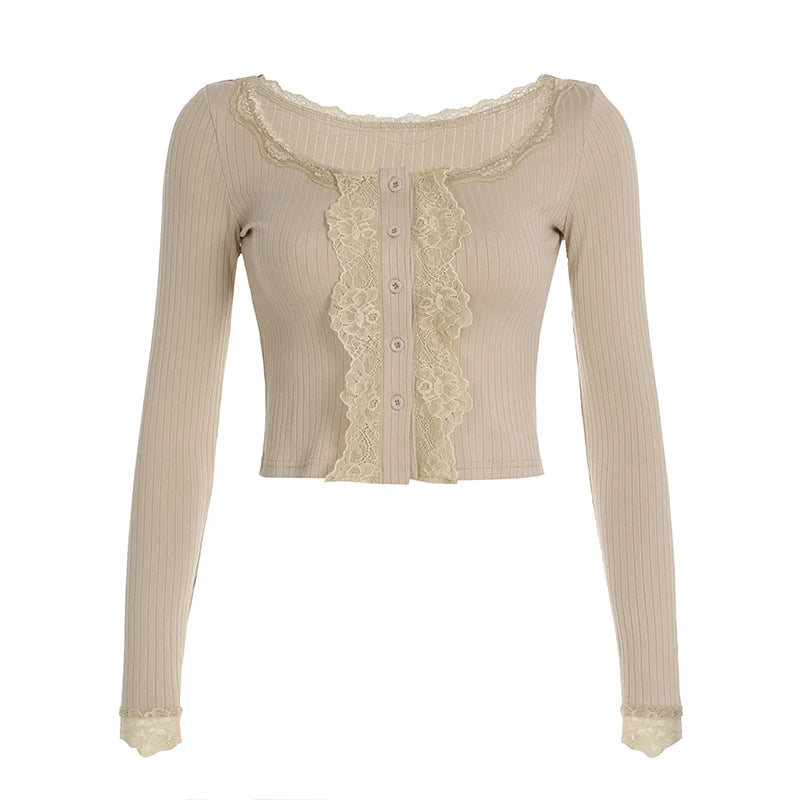 Lace Patchwork Khaki Crop Tee Shirts Buttons Crewneck Top Tee