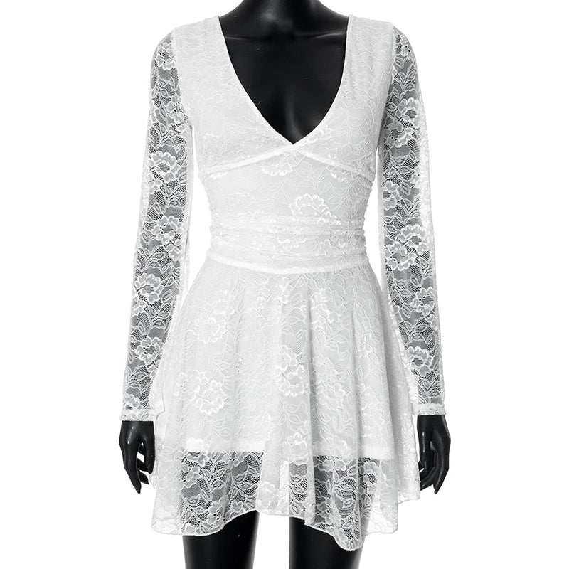 Long Sleeve V-Neck Open Back Hollow Out Lace Dress Sheer Mini Dress Slim Fit