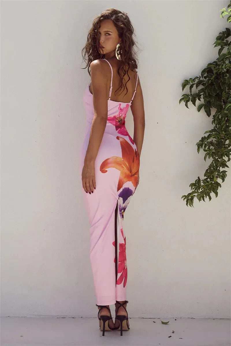Floreal Long Dress Gown Spaghetti Strap Sleeveless Backless Bodycon Midi Dress