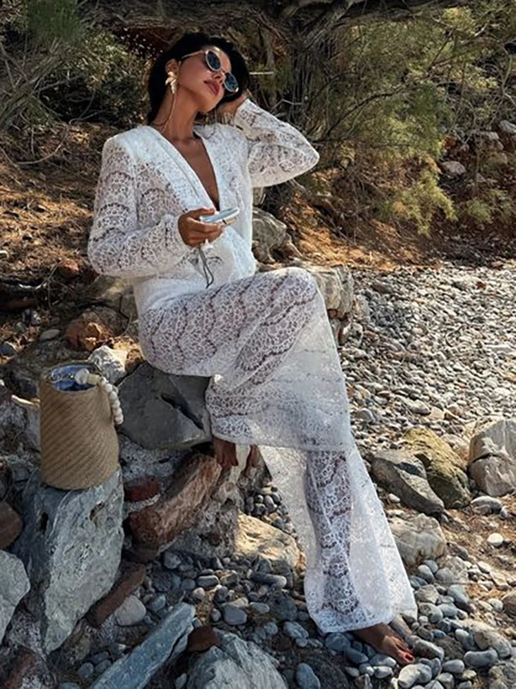Deep V-neck See Through Lace Two Piece Sets Pant Suit Long Sleeve Top Long Pant Solid Pant Set